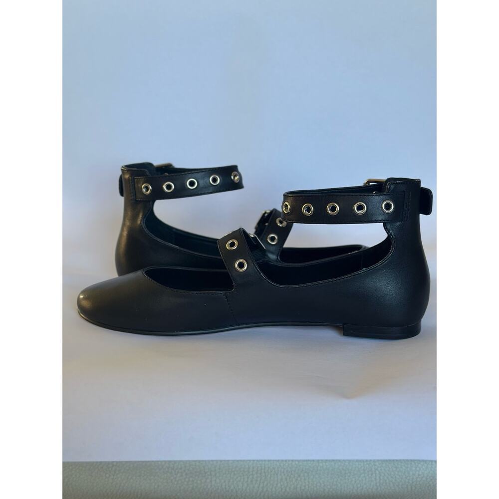 Rebecca Minkoff Black Leather Ankle-Strap Flats with Silver Eyelets - Picture 6 of 10